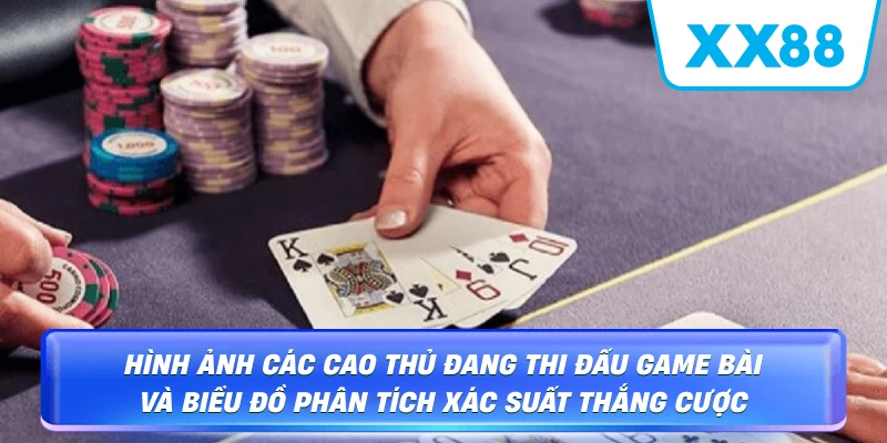 Hình ảnh các cao thủ đang thi đấu game bài và biểu đồ phân tích xác suất thắng cược